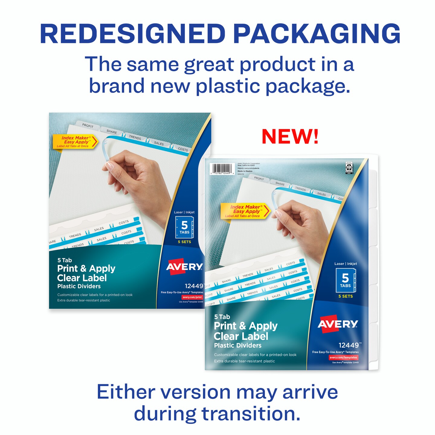 Avery 5 Tab Plastic Dividers for 3 Ring Binder, Easy Print & Apply Clear Label Strip, Index Maker Customizable Frosted White Tabs, 5 Sets (12449)