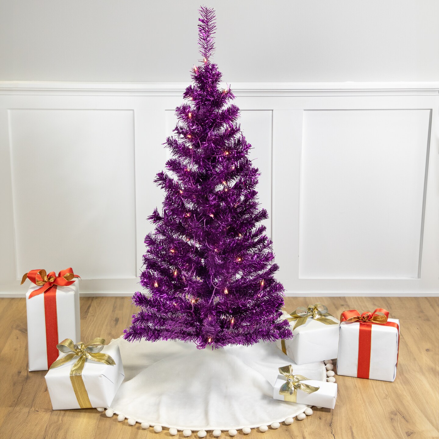 Northlight 4&#x27; Pre-Lit Purple Tinsel Artificial Christmas Tree- Clear Lights, Purple Wire