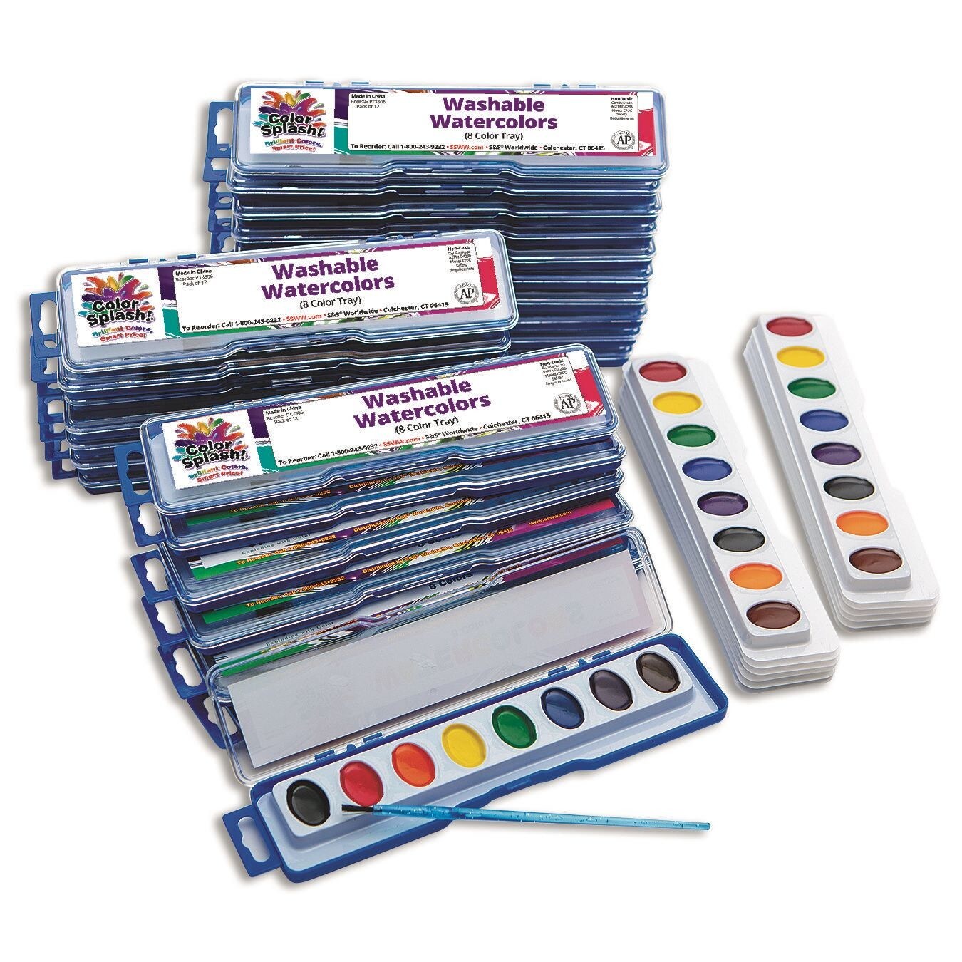 S&#x26;S Worldwide Color Splash! Watercolor Mega Pack, 8-Color Trays, Includes 24 Paint Trays w/ Brushes plus 12 Refills. Great For All Watercolor Painting, Perfect For Groups of Kids or Adults  Pack of 36