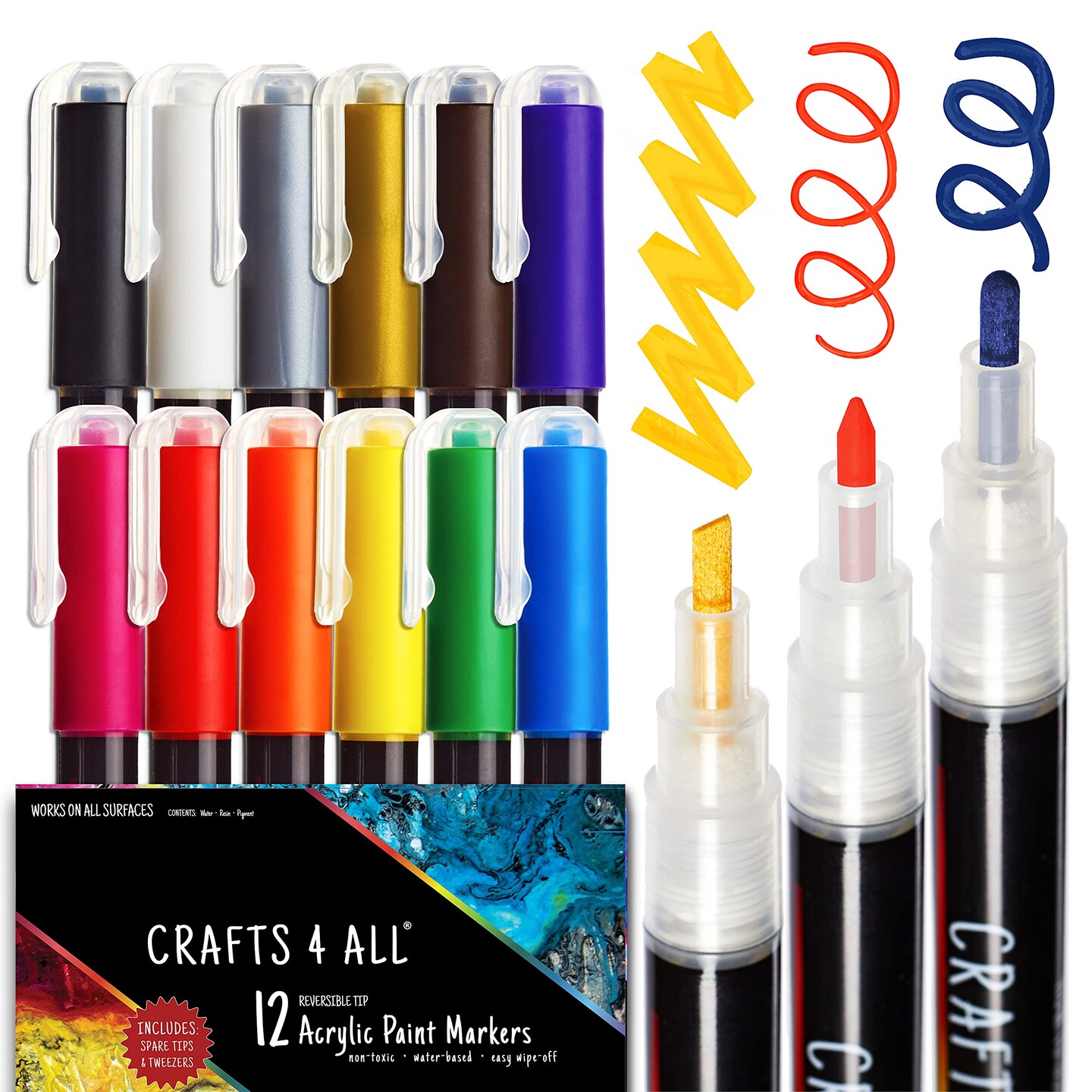 Crafts 4 All Acrylic Paint Markers Set - 12, Fine-Tip Acrylic Paint Pens for Rock Painting, Glass, Wood, Canvas and Fabric - Non-Toxic, Permanent Acrylic Markers for Pumpkin Painting Kit