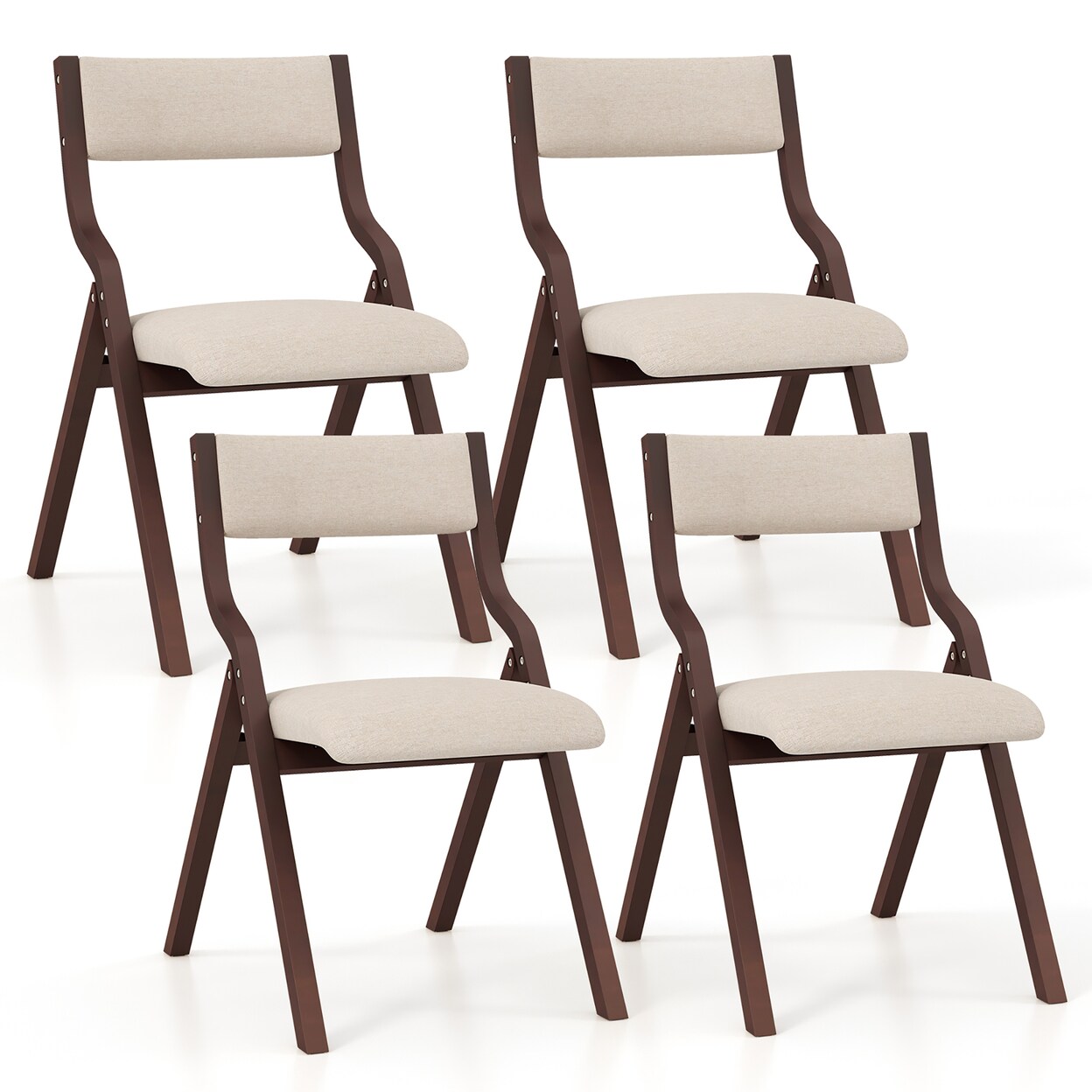 Folding Dining Chairs Set Of 4 Wooden Table Chairs W/ Padded Seat Modern Coffee And Beige