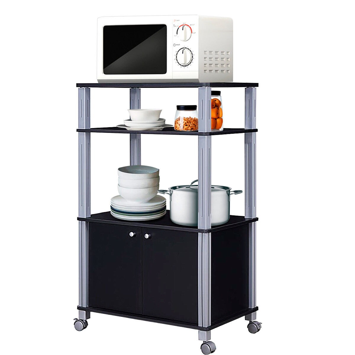 Bakers Rack Microwave Stand Rolling Storage Cart Multi-Functional Display Black