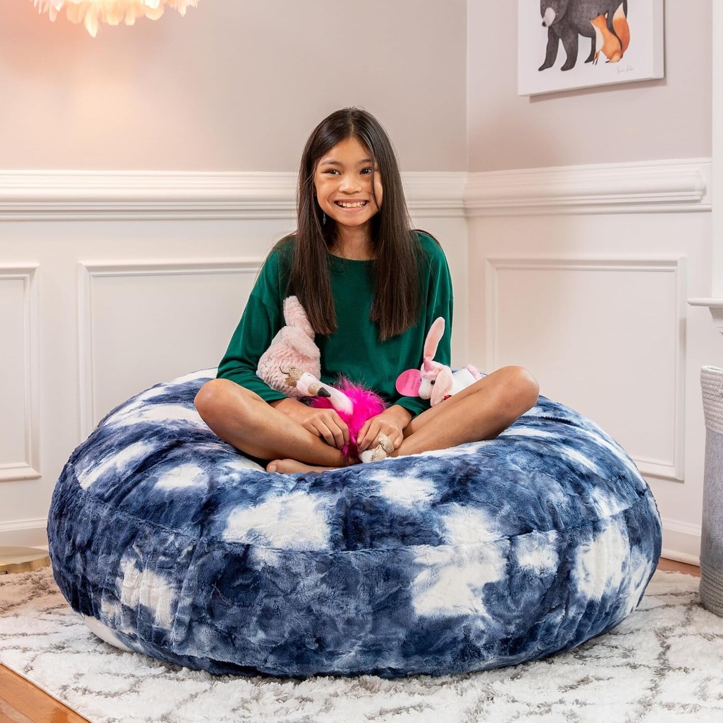 Cocoon 4 Foot Bean Bag Chair - Faux Fur, Blue &#x26; White Print
