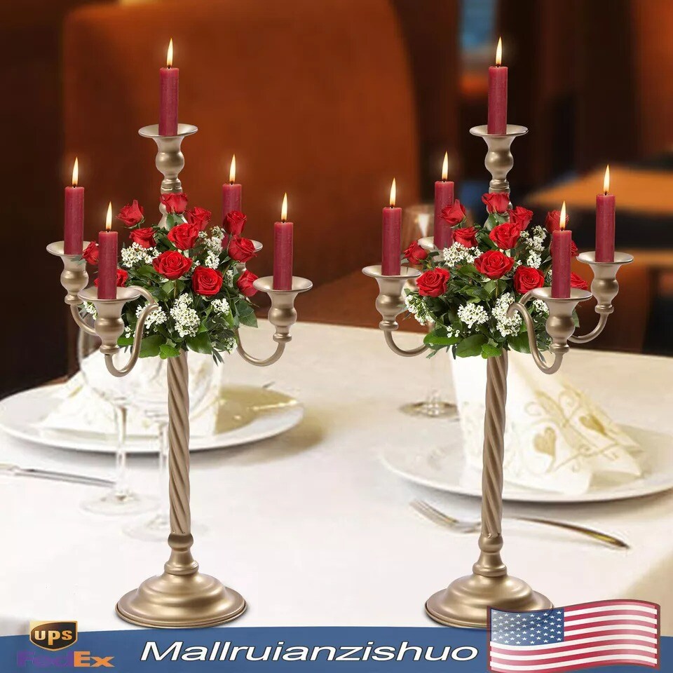 2 Pcs Gold Candelabra Candle Holder Centerpieces for Tables 5 Head Tall Candles