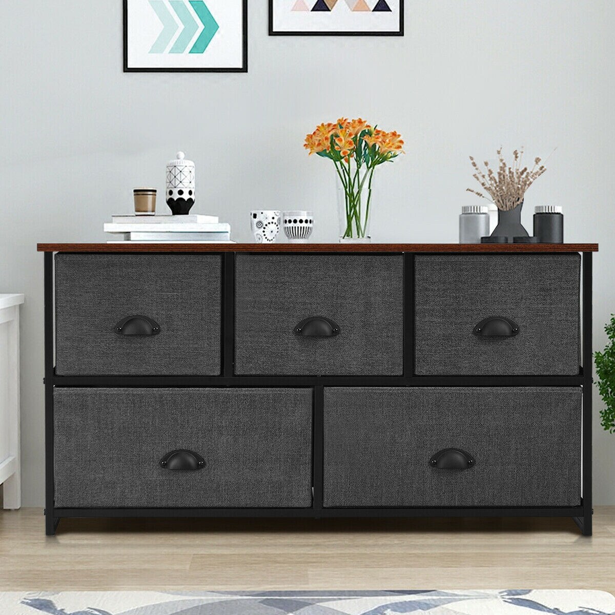 5 Drawers Dresser Storage Unit Side Table Display Organizer Dorm Room Wood Black