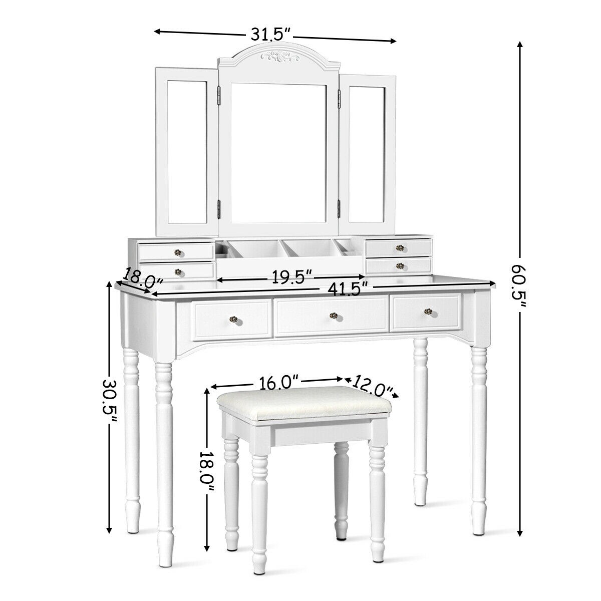 7 Drawers Vanity Set Dressing Table W/ Tri-Folding Mirror White