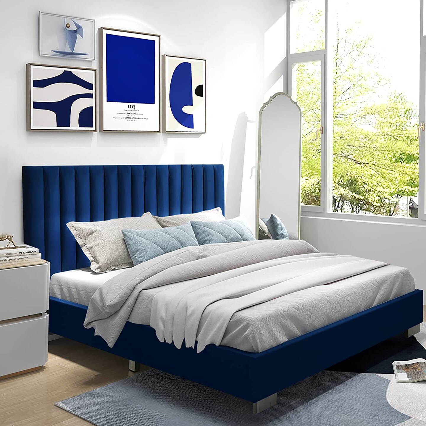 Costway Upholstered Bed Frame Full Size Modern Platform Bed with Vertical Channel Headboard No Box Spring Needed Navy/Grey