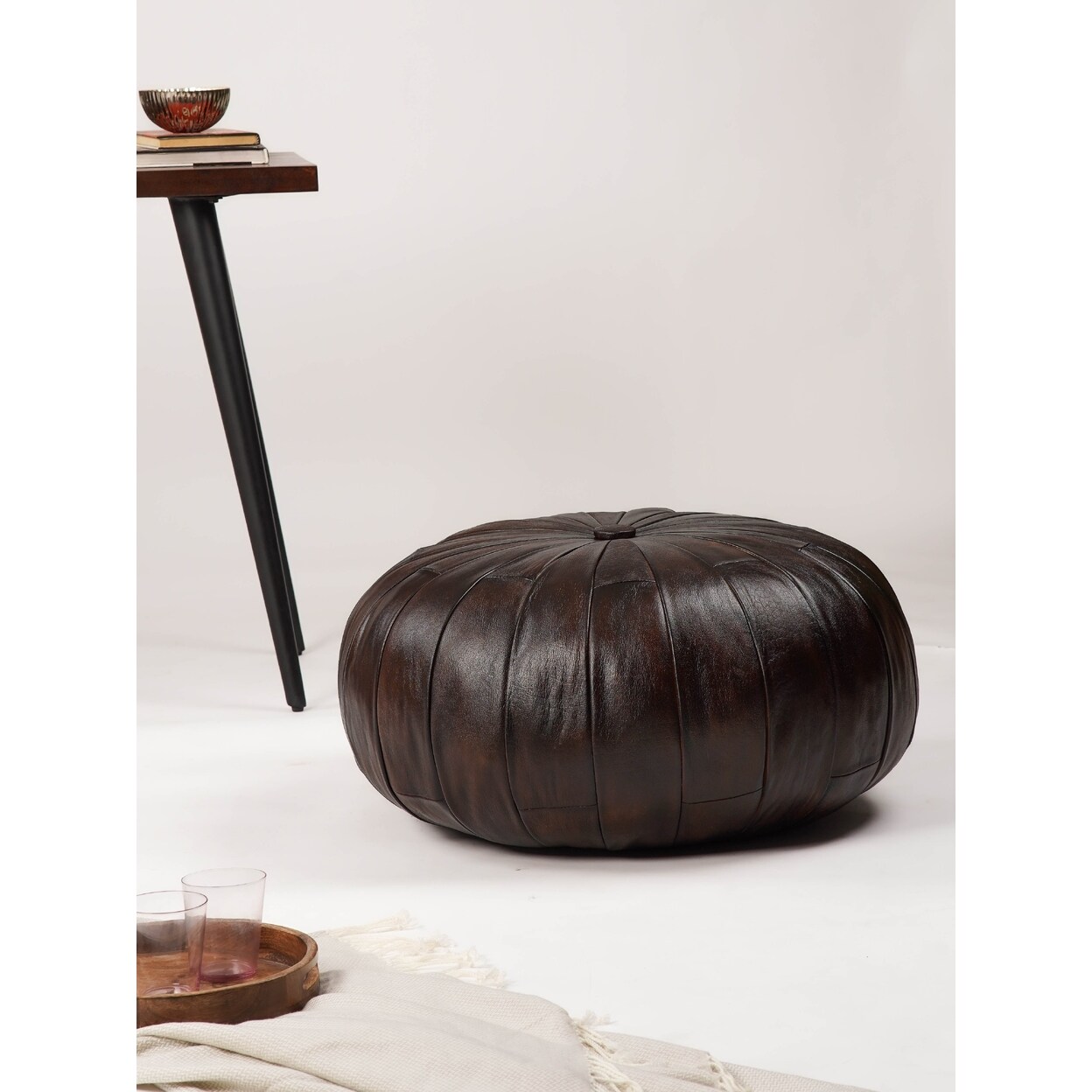 BBH Homes Handmade Eco-Friendly Solid Leather Round Pouf 24&#x22;x24&#x22;x18&#x22; From