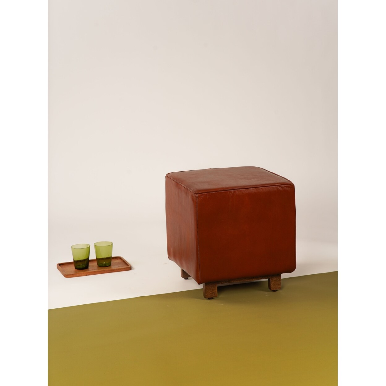 BBH Homes Handmade Eco-Friendly Geometric Buffalo Leather and Wood Square Ottomon 18&#x22;X17&#x22;X17&#x22; From