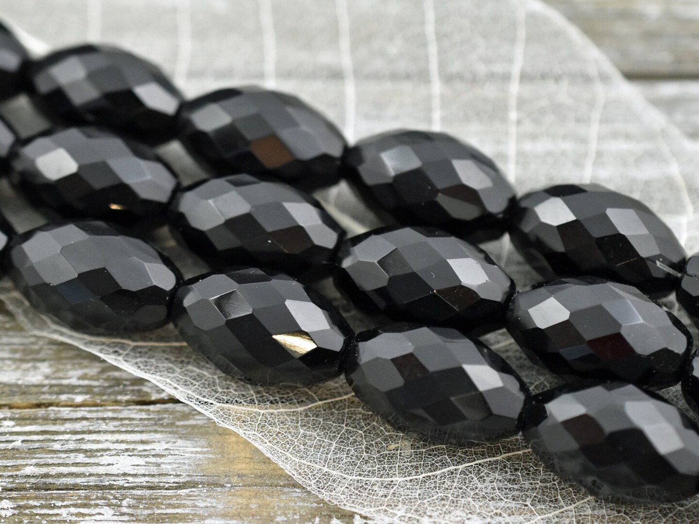 *6* 12x20mm Jet Black Faceted Oval Fire Polished Beads