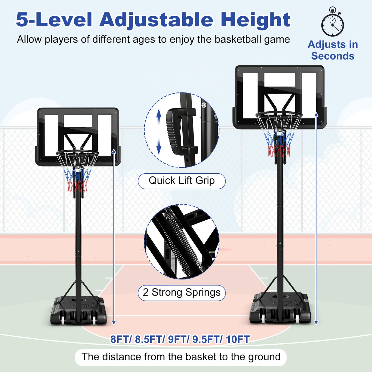 Costway 44&#x27;&#x27; Portable Adjustable Basketball Goal Hoop Stand System withSecure Bag Outdoor