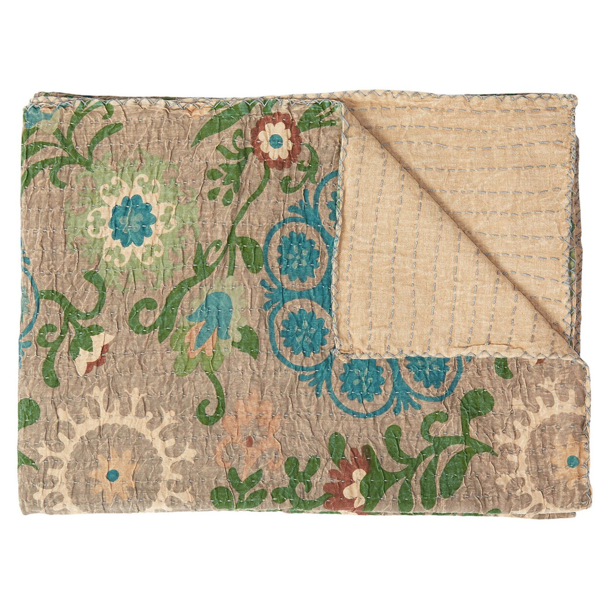 Taj Hotel Kantha Cotton Throw 50X70 Inch Handmade Vintage Indian Quilt