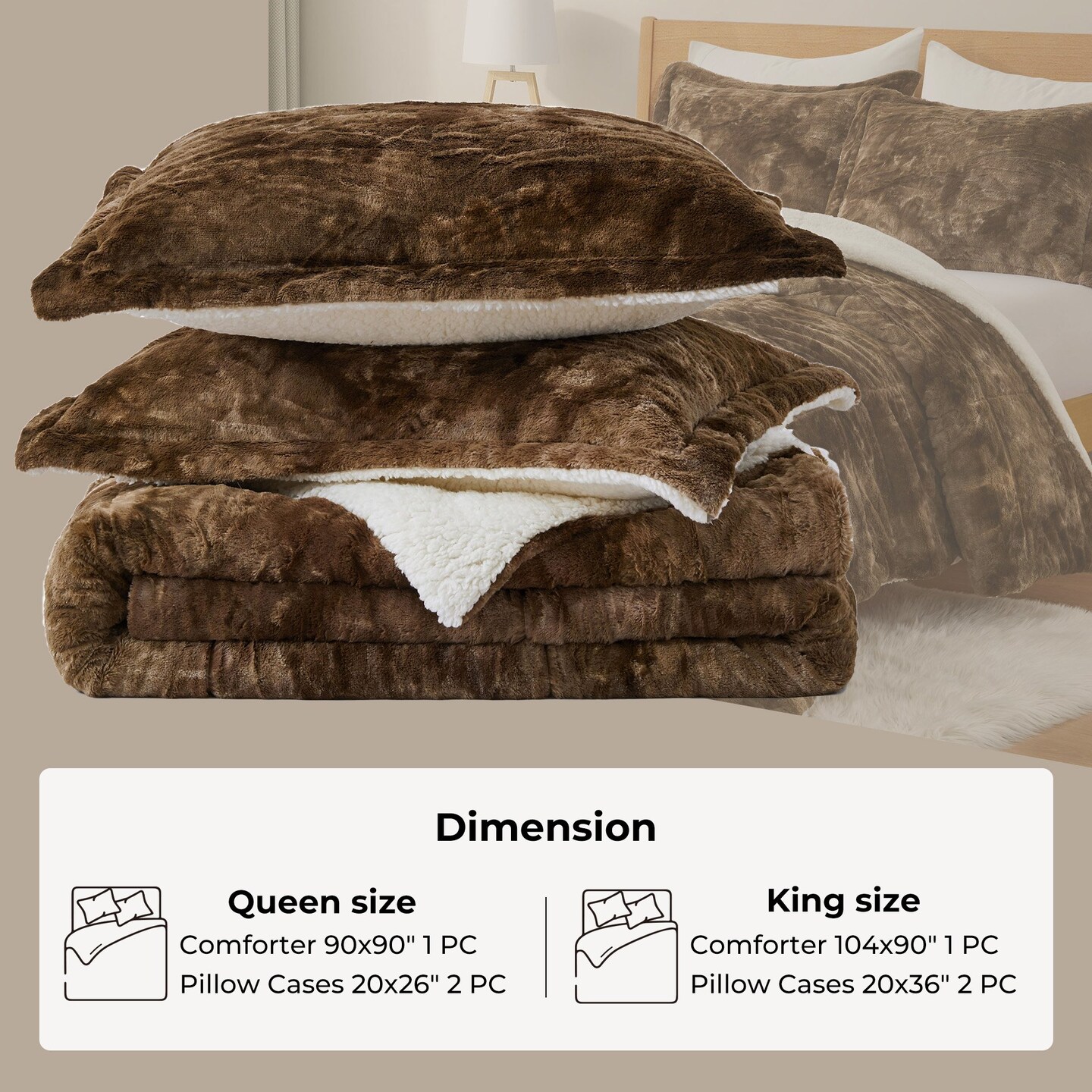 Puredown 3-Piece Faux faux Reversible Comforter Set Soft Fluffy Bedding Set Winter Comforter Set
