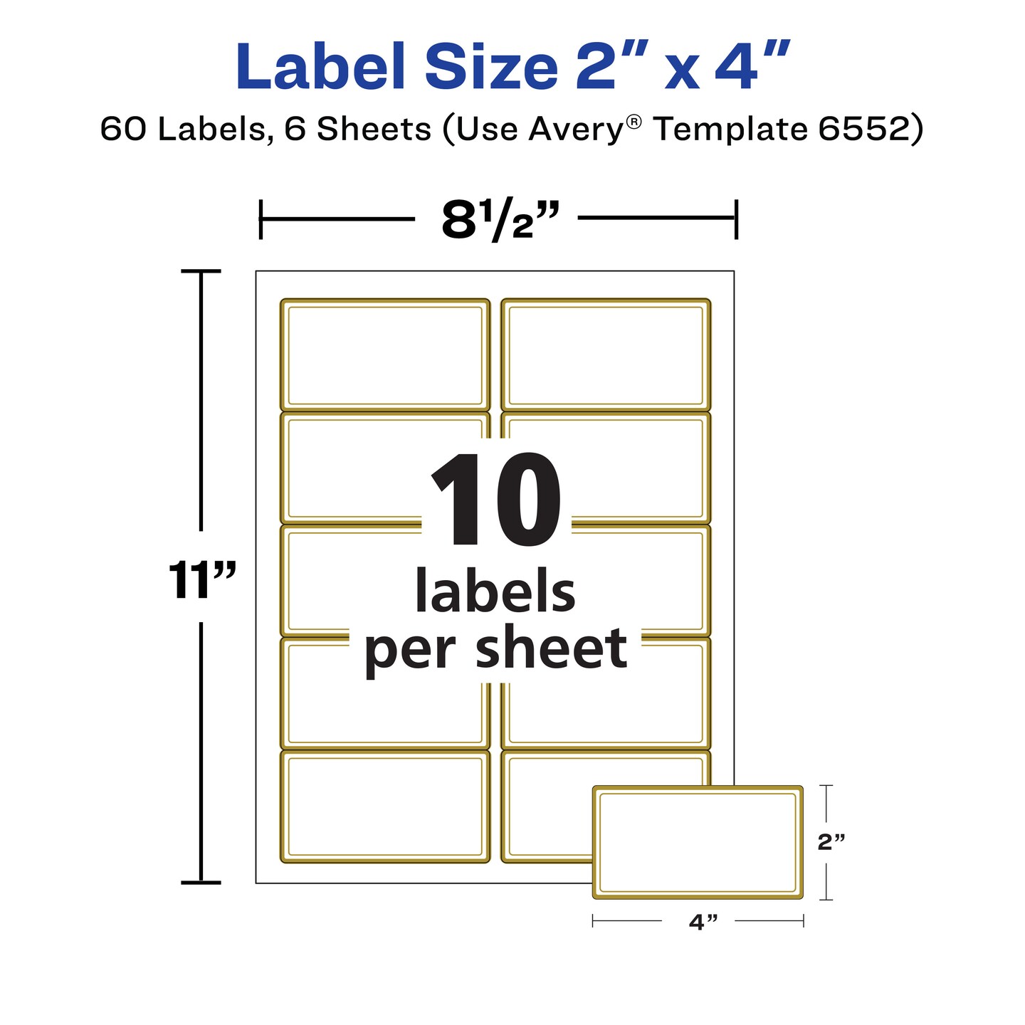 Avery Printable Glossy Clear Labels, 2" x 4" Rectangle Labels, Clear with Metallic Gold Border, Permanent Adhesive, Laser & Inkjet Compatible, 60 Blank Labels (6552)