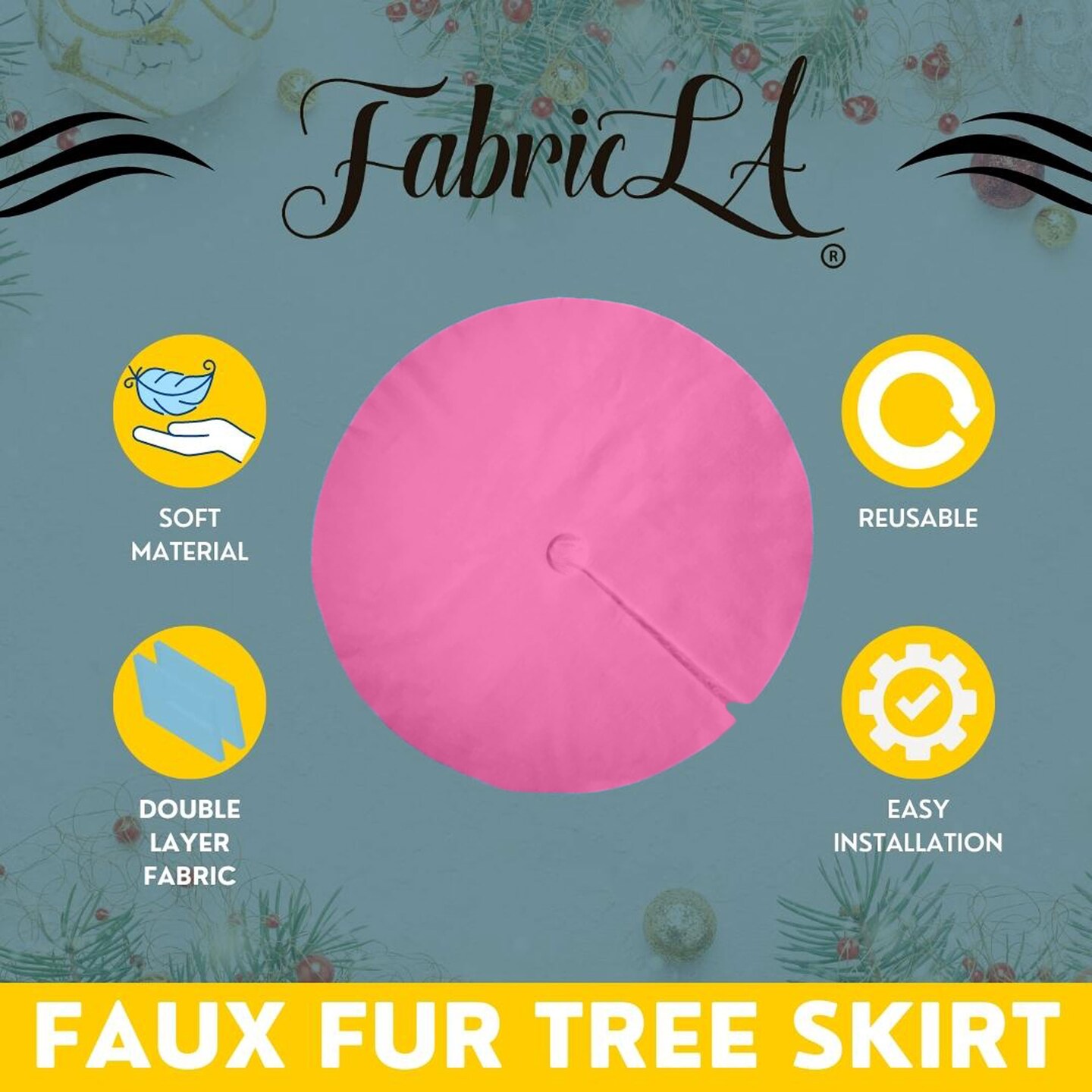 FabricLA Bubble Gum Faux Fur Tree Skirt Cut - 60-Inches with Rounded Edges (No Backing) for Christmas