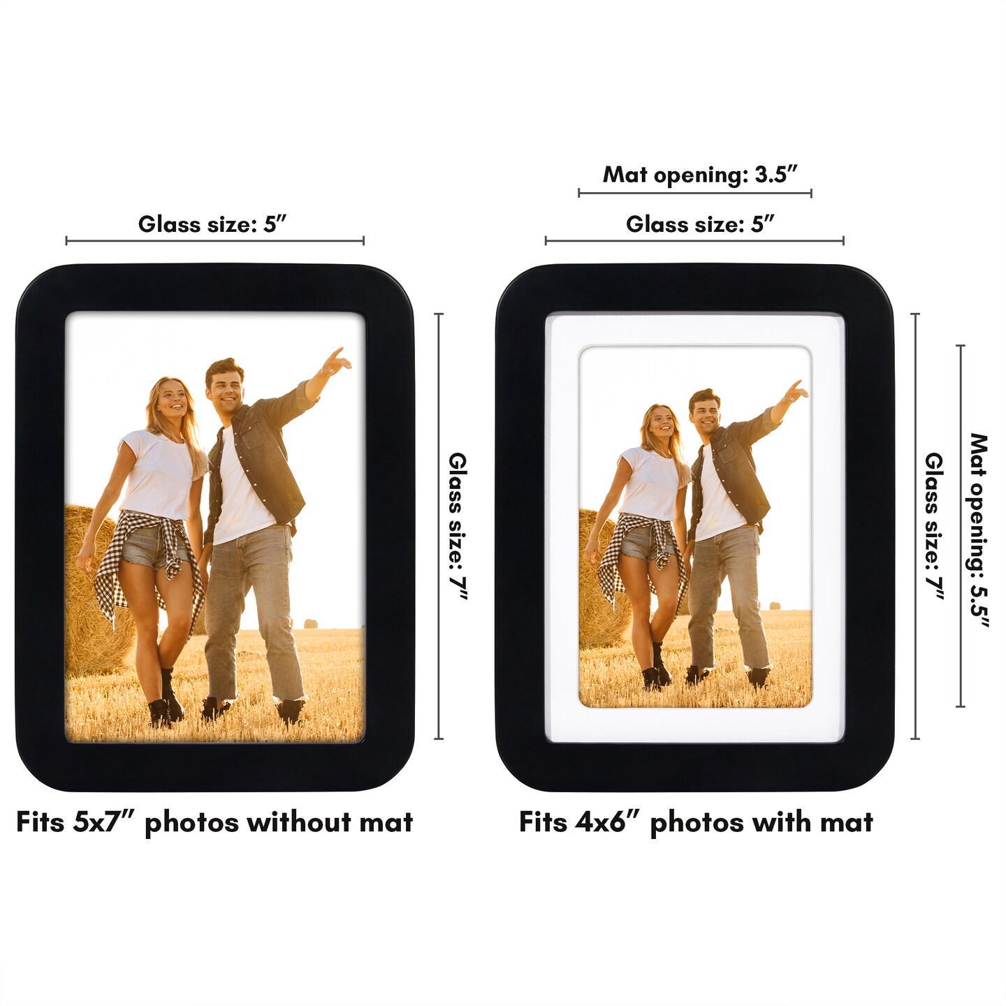 Americanflat Curved Corner Photo Frame with Mat - Picture Frame with Round Corners - Shatter Resistant Glass - Triangle Hanging Hardware - Includes Easel - Black