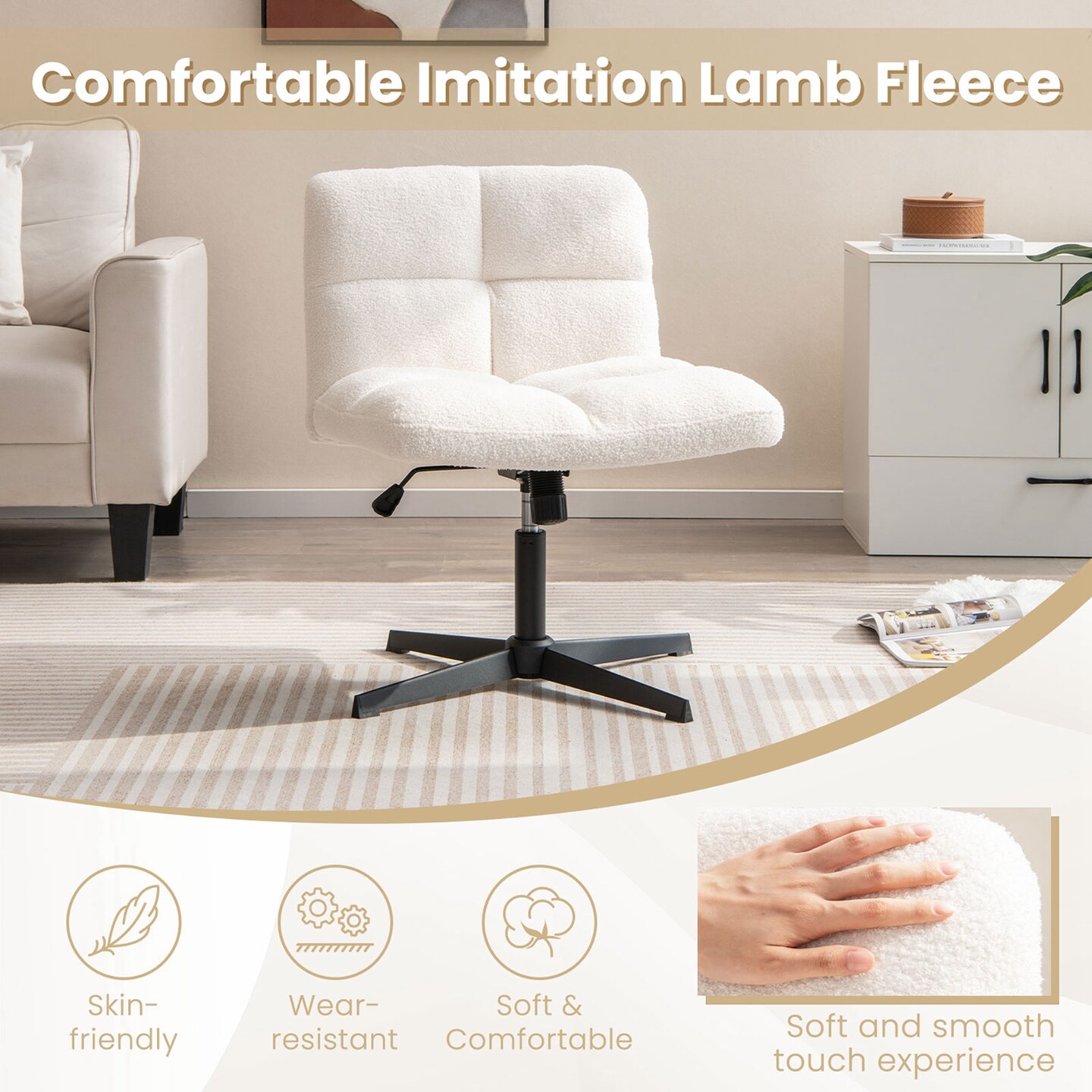 Costway Armless Office Desk Chair Modern Swivel Vanity Chair with Adjustable Height Grey/Brown/Beige