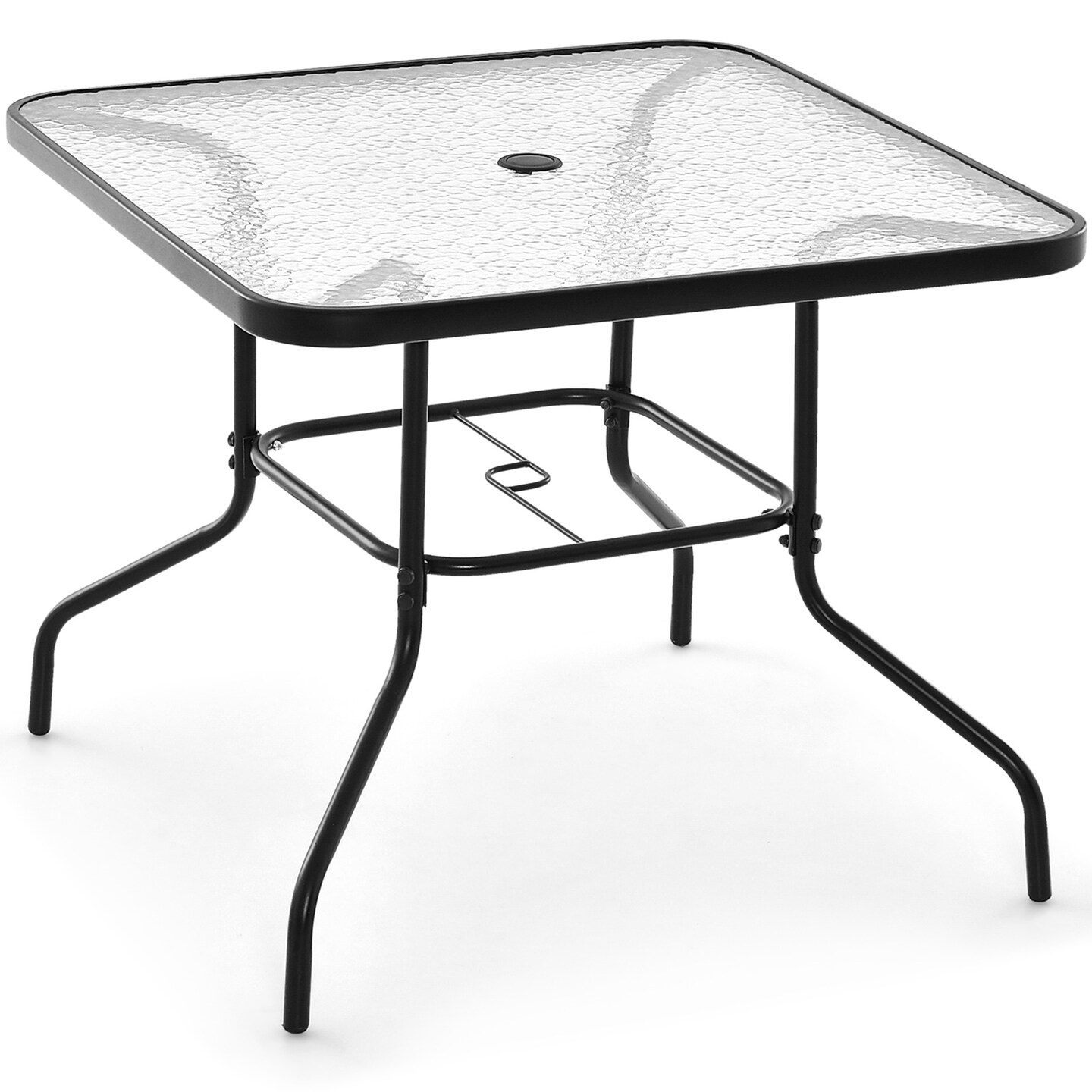 Costway 34 Inch Outdoor Dining Table Square Tempered Glass Table with 1.5&#x22; Umbrella Hole