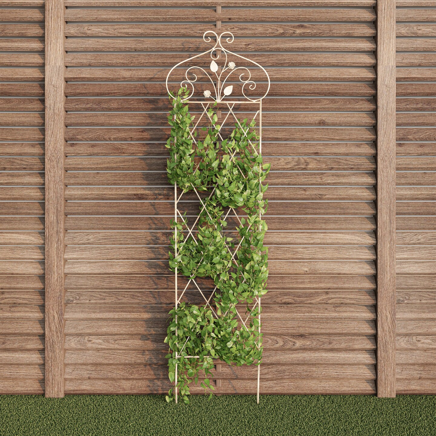 Pure Garden Antique White Garden Trellis- For Climbing Plants- 63 In. Decorative Lattice Metal Panel- For Vines Roses Vegetable