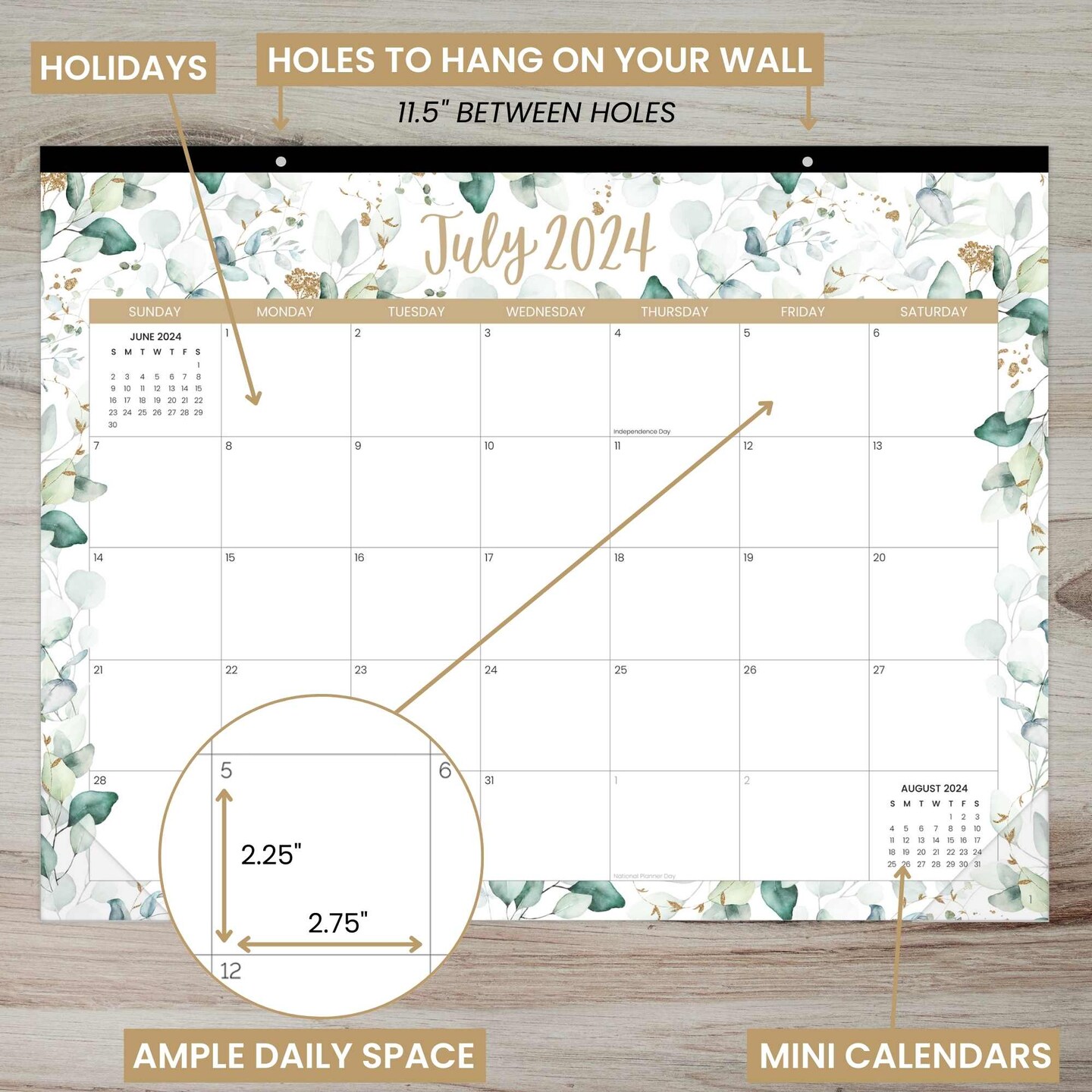 bloom daily planners 2024-25 Desk &#x26; Wall Calendar, 16&#x22; x 21&#x22;, Greenery