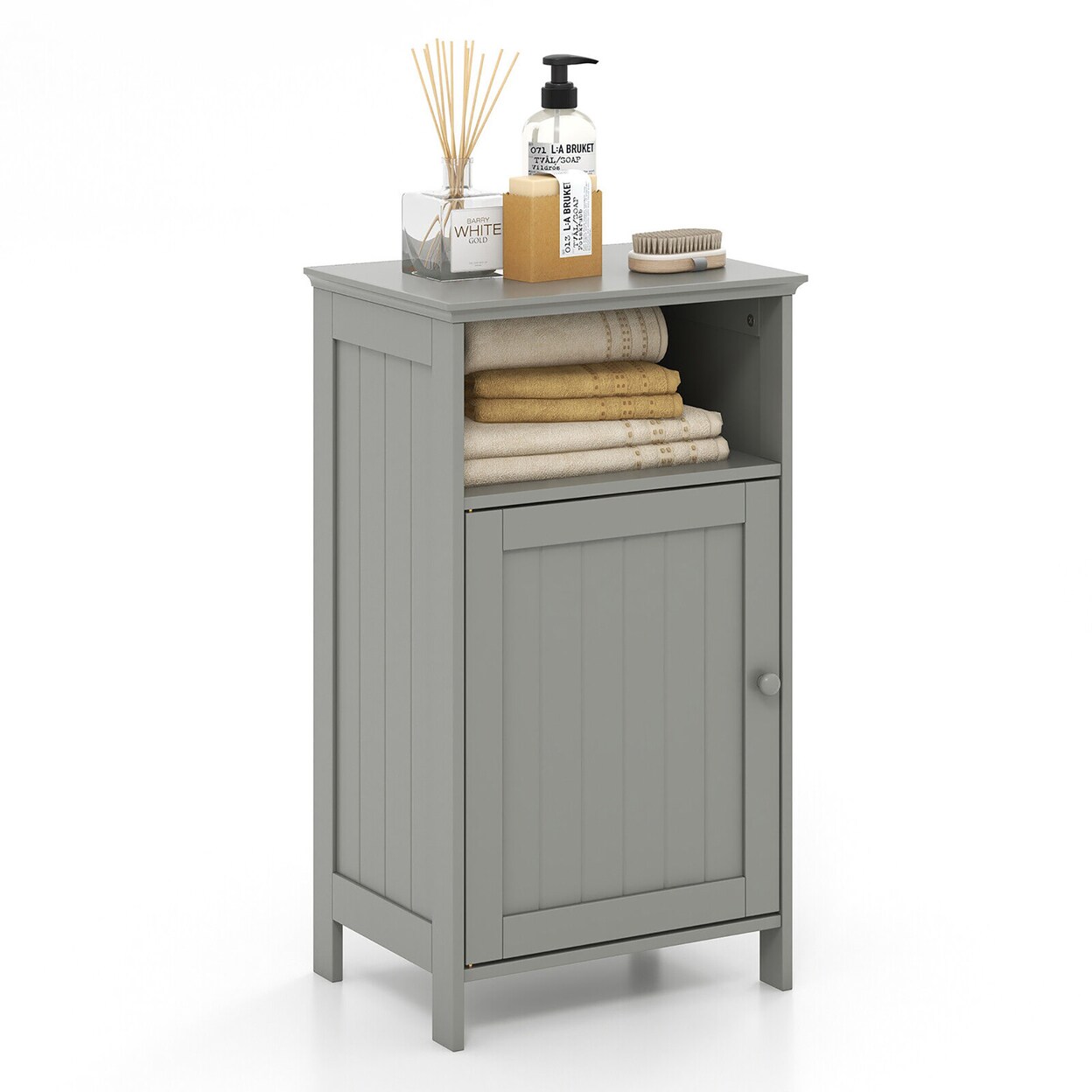 Bathroom Floor Storage Cabinet Side Table W/ Open Compartment And Adjustable Shelf