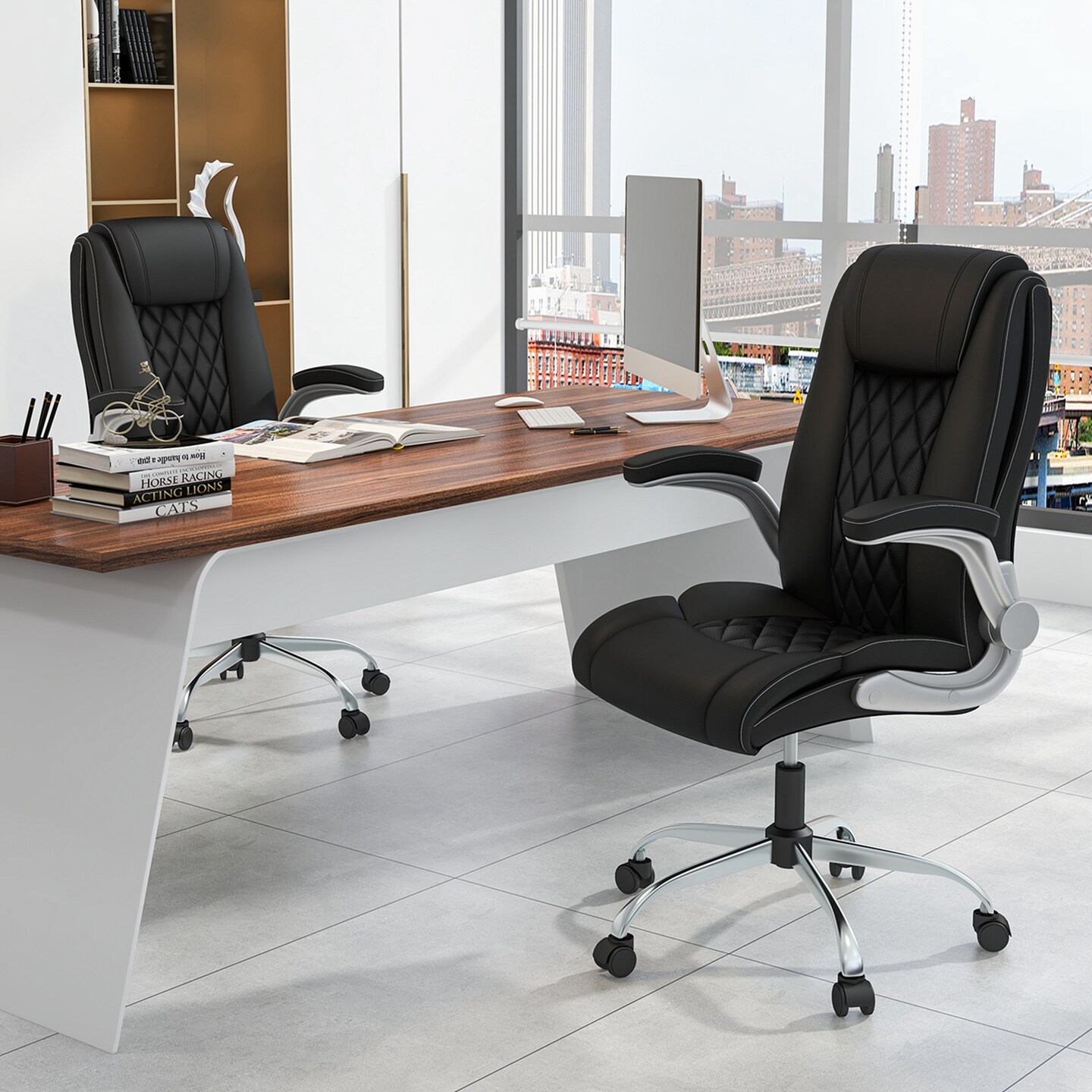 Costway PU Leather Office Chair Height Adjustable Executive Chair with Adjustable Headrest Brown/Black