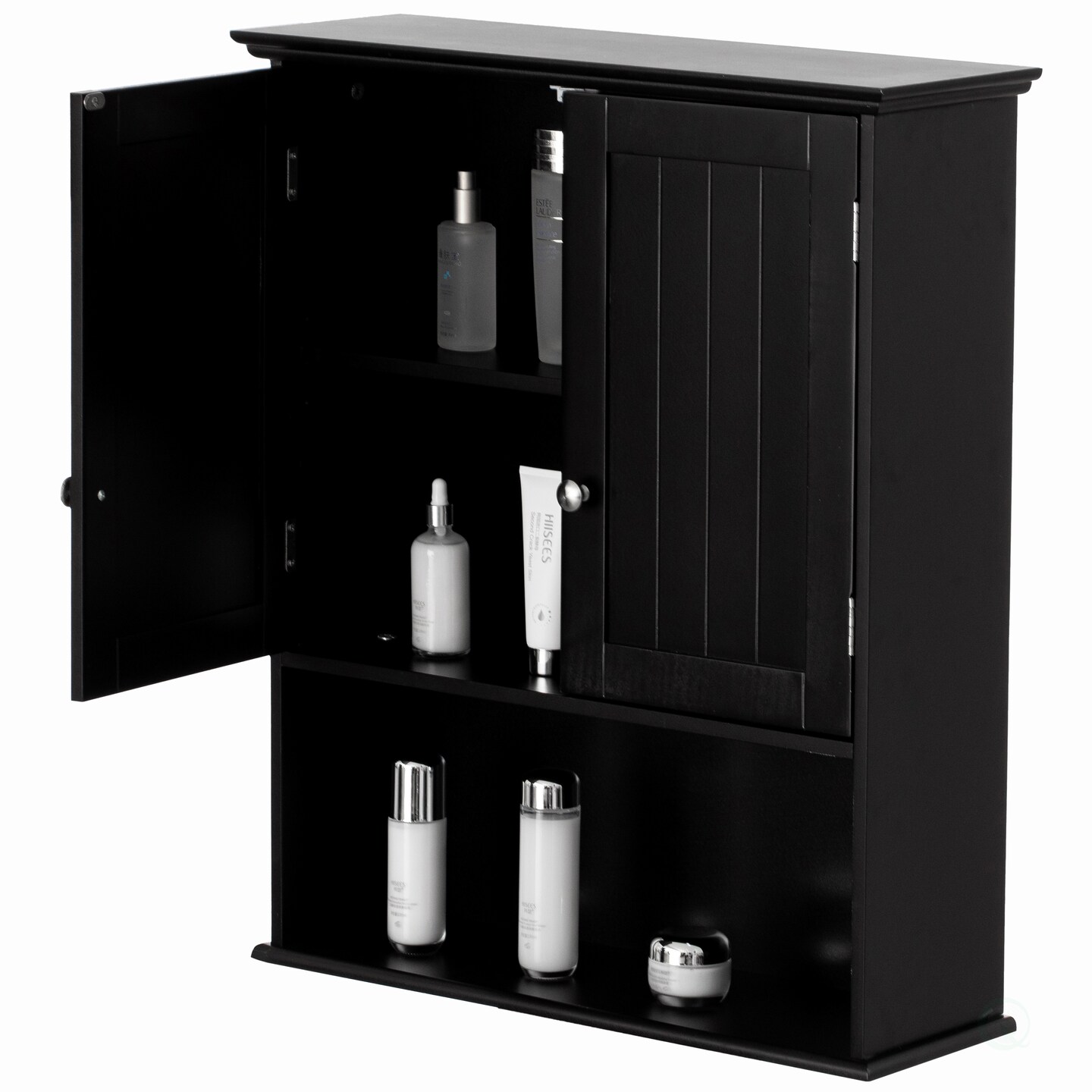 Wall Mount Bathroom Cabinet Wooden Medicine Cabinet Storage Organizer  Double Door with 2 Shelves, and Open Display Shelf