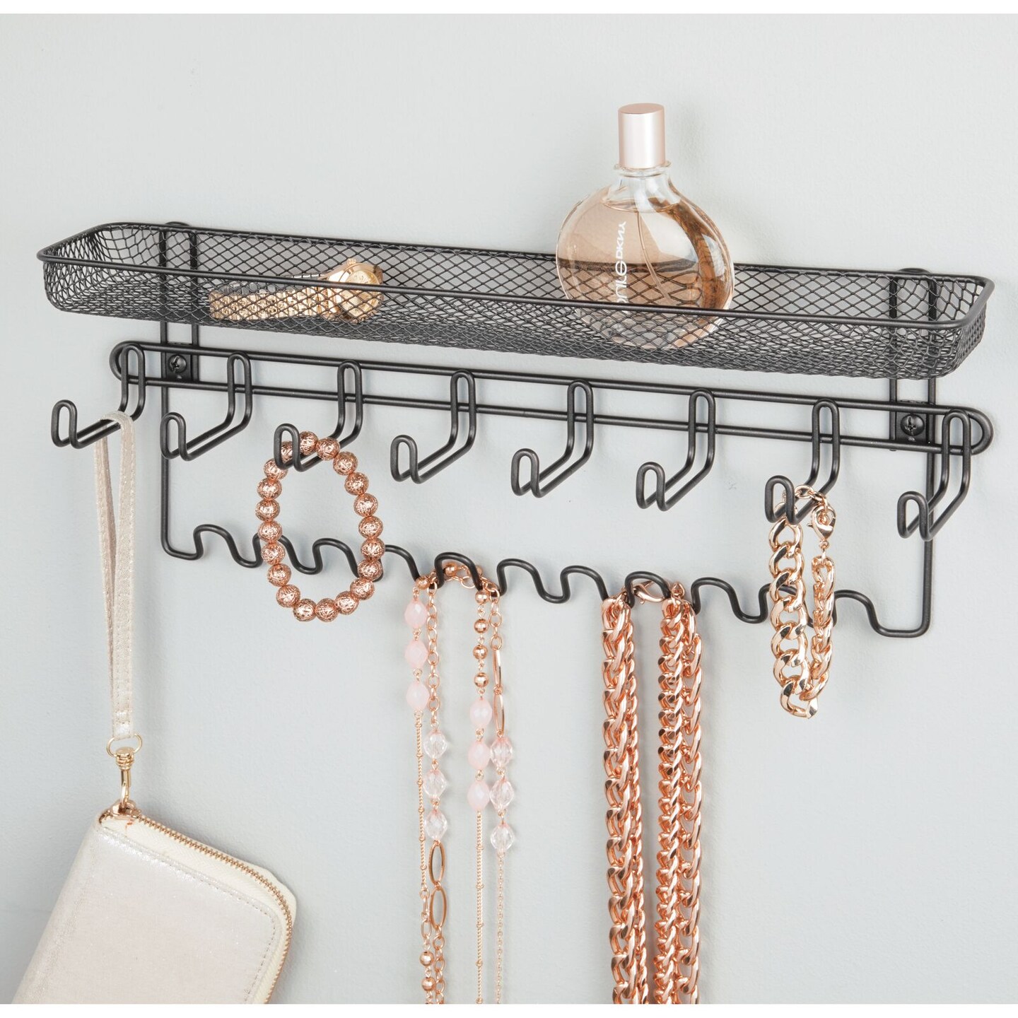 mDesign Steel Wall Mount Tie/Belt Organizer Rack with 8 Hooks/Basket