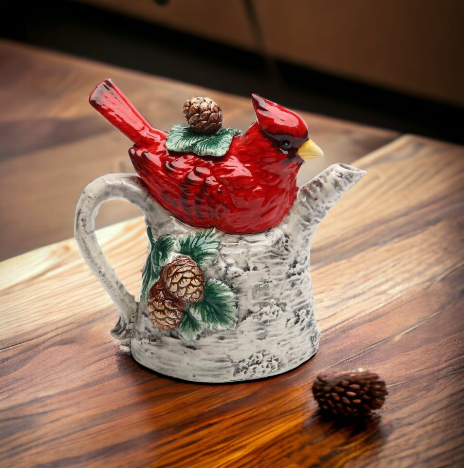 Ceramic Cardinal Bird On Birchtree Teapot, Gift for Her, Gift for Mom, Birdwatcher, Tea Party D&#xE9;cor, Caf&#xE9; D&#xE9;cor, Christmas D&#xE9;cor