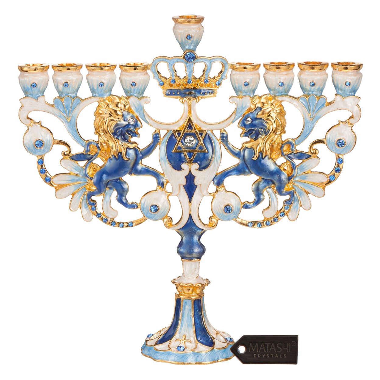 Matashi Hand Painted Blue And Ivory Regal Lion Menorah Candelabra With Gold Accents And Quality Crystals Jewish Candle