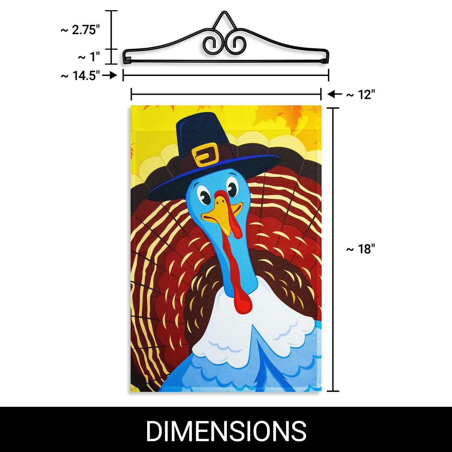 G128 Combo Pack Garden Flag Hanger 14IN & Garden Flag Pilgrim Turkey Yellow BG 12x18IN Printed 150D Polyester