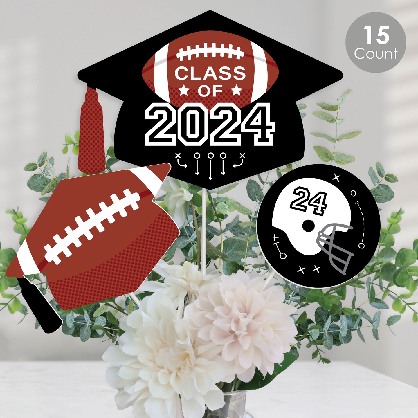 Big Dot of Happiness Grad Football - 2024 Graduation Party Centerpiece Sticks - Table Toppers - Set of 15