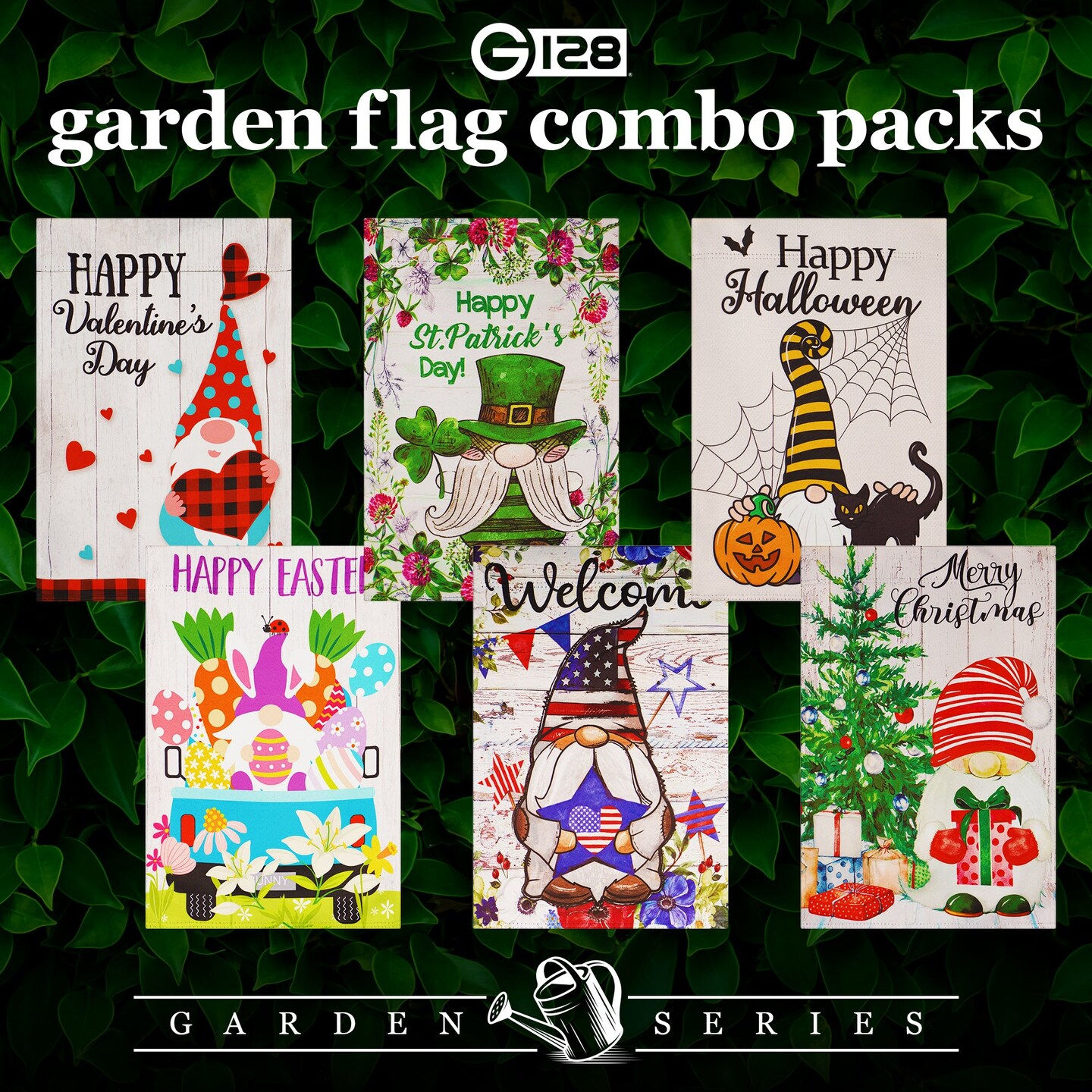 G128 Garden Flag Set Holiday Gnomes 12"x18" 6 pieces Blockout Fabric