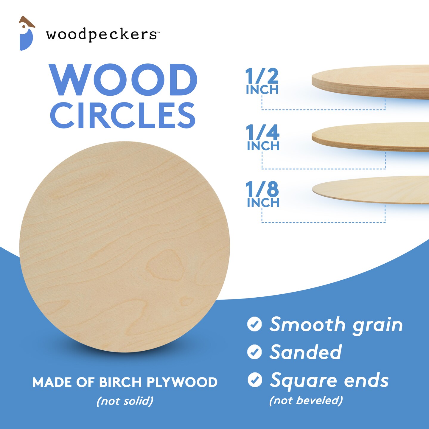 Wood Circle Discs 5 inch, 4 Thicknesses, Unfinished Birch Rounds | Woodpeckers