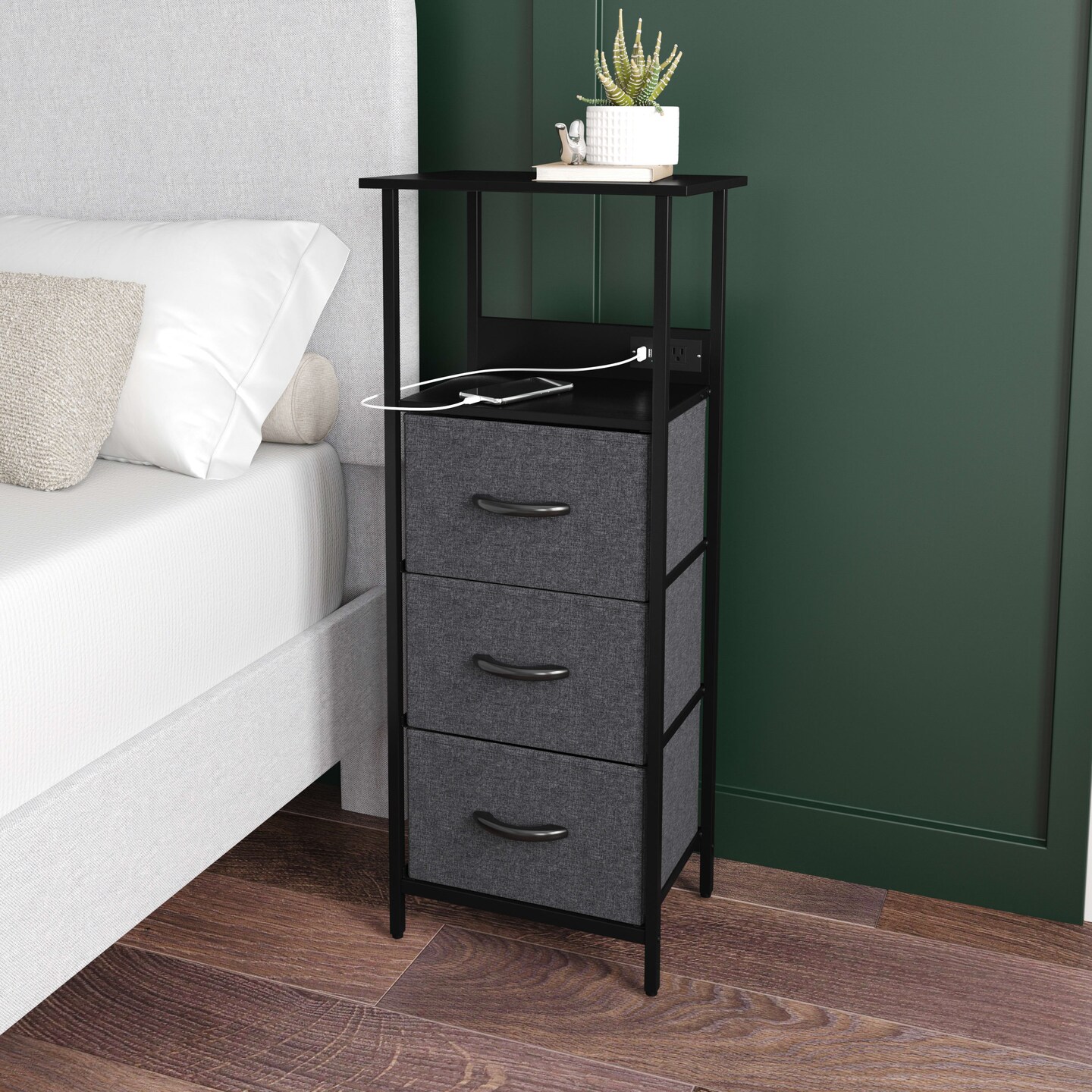 Emma and Oliver Hermes Nightstand with 3 Fabric Drawers, Charging Station with 2 USB Ports/Power Outlet, Engineered Wood Top, Wood Handles, Metal Frame