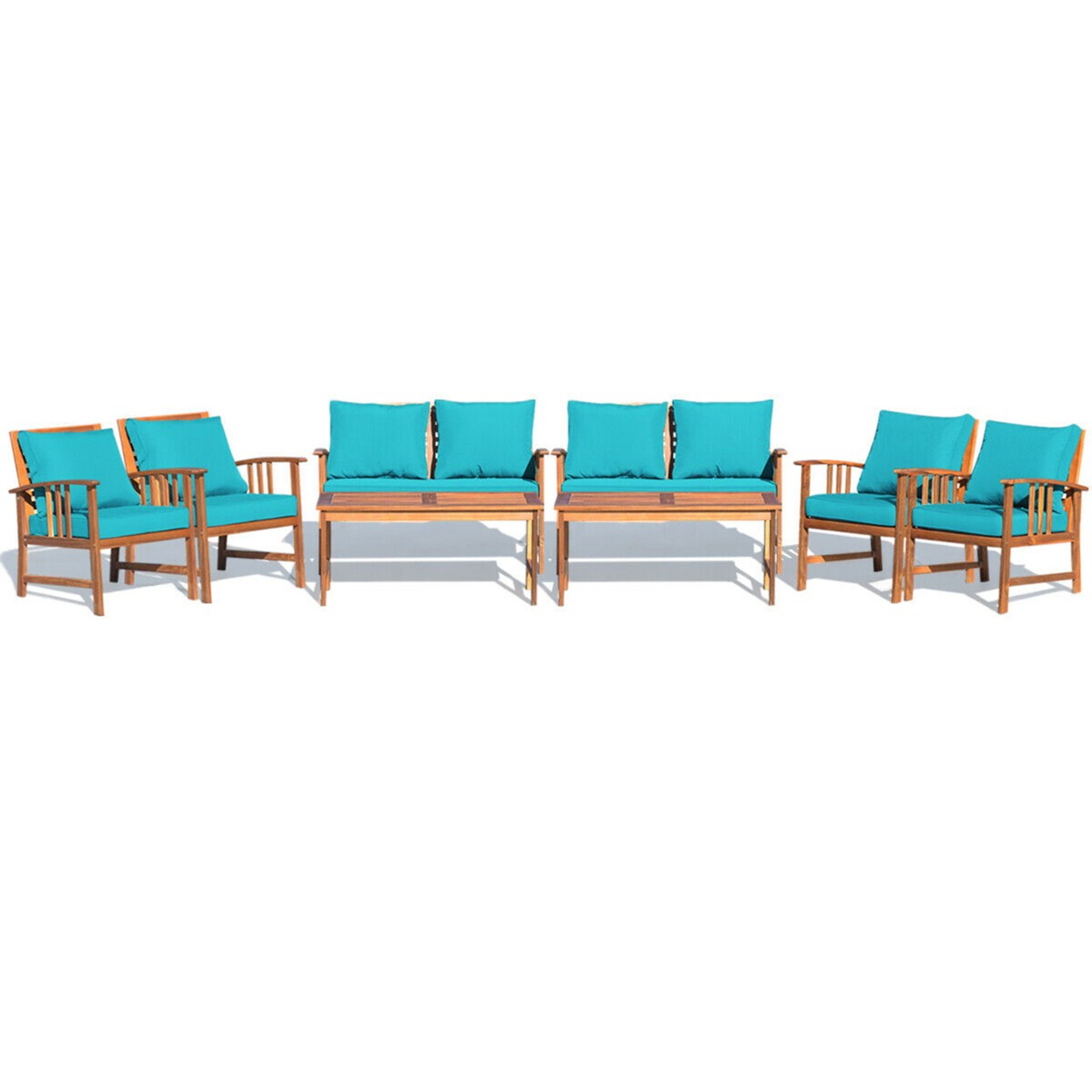 Gymax 8pcs Wooden Patio Furniture Set Table and Sectional Sofa w/ Turquoise Cushion