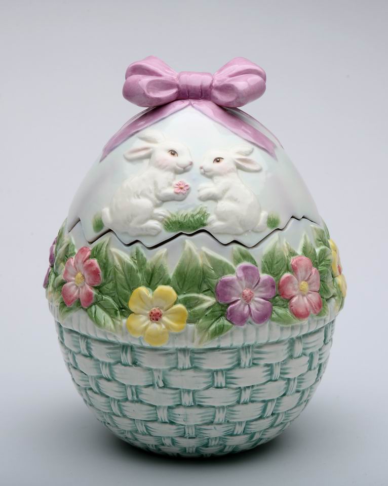 Ceramic Egg Shaped Cookie Jar with Bunny Rabbits and Flowers, Gift for Her, Gift for Mom, Kitchen D&#xE9;cor, Spring D&#xE9;cor, Easter D&#xE9;cor