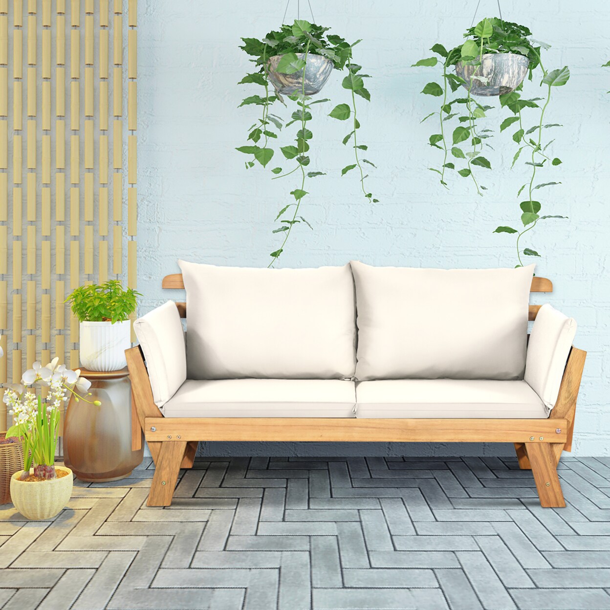 Adjustable Patio Sofa Daybed Acacia Wood Furniture W/ White Cushions