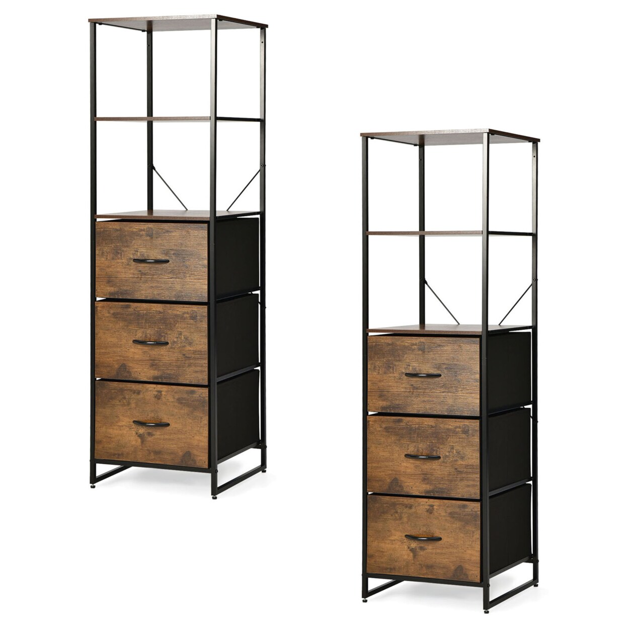 2Pcs Industrial 3-Tier Bookshelf 3 Drawers Dresser For Study Bedroom Living Room