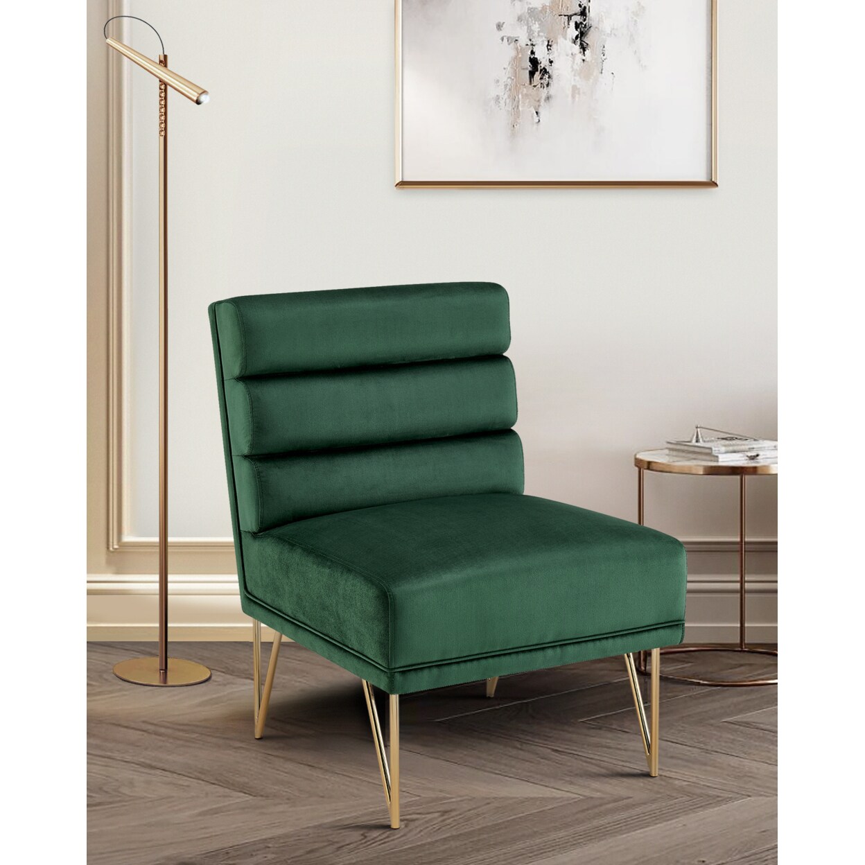 Iconic Home Karli Slipper Accent Chair Velvet Upholstered Tufted Horizontal Tufted Channel Quilted Seat