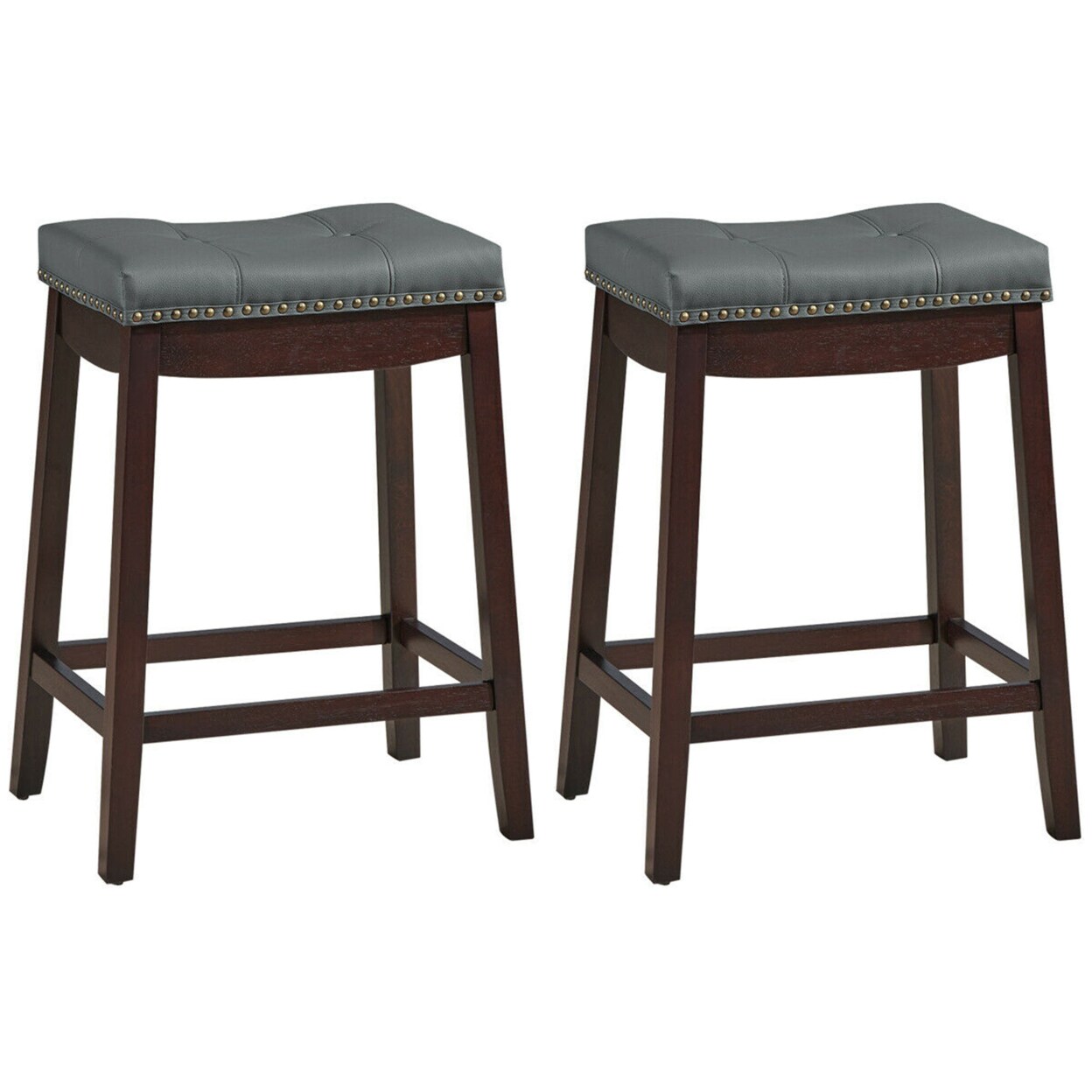 Set Of 2 Nailhead Saddle Bar Stools 24 Counter Stools Brown With Grey Cushion