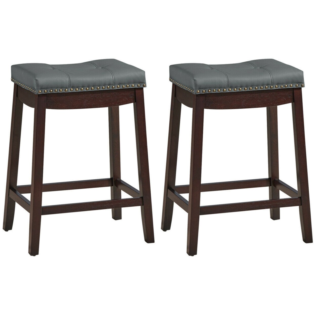 Gymax Set of 2 Nailhead Saddle Bar Stools 24 Counter Stools Brown with Grey Cushion