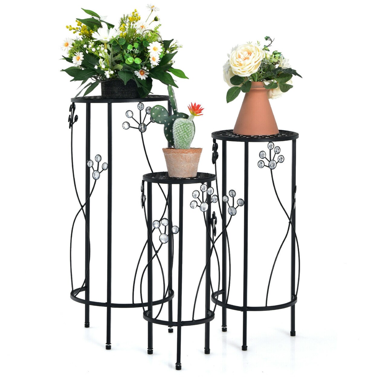 Gymax 3 Pcs Metal Plant Stand Set Plant Pot Holder w/Crystal Floral Accents Round