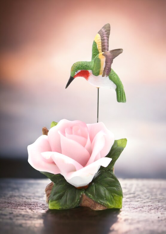 Ceramic Hummingbird with Pink Rose Flower Figurine, Home D&#xE9;cor, Gift for Her, Gift for Mom, Kitchen D&#xE9;cor, Birdwatcher Gift