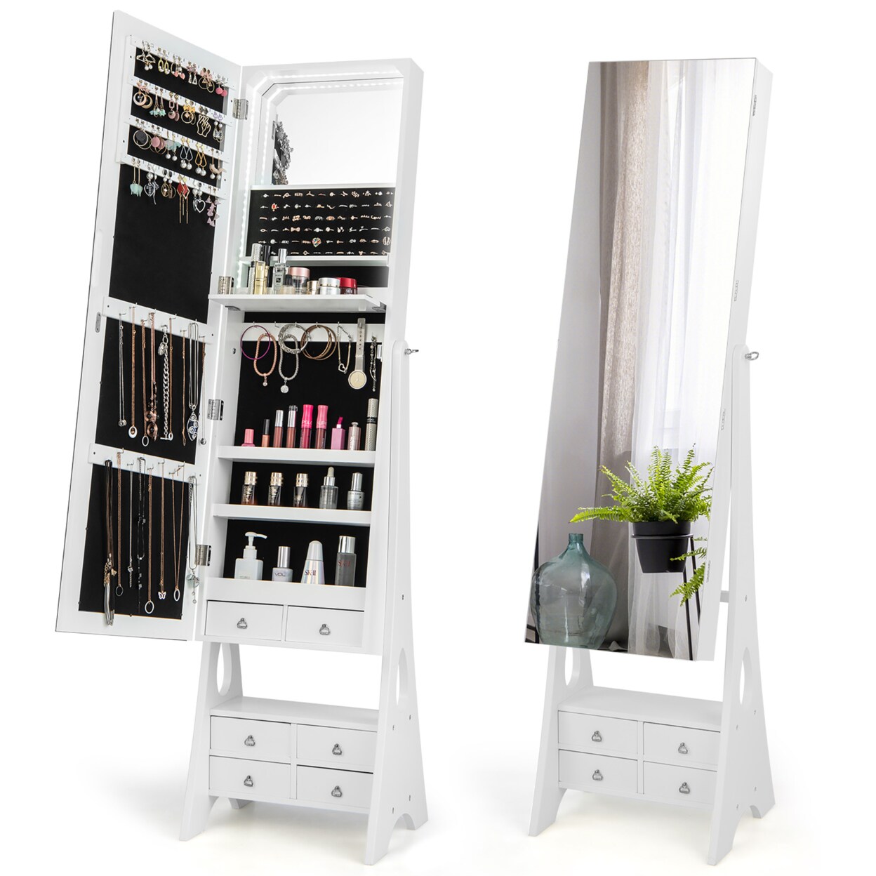 Gymax Jewelry Cabinet Armoire Full Length LED Mirror w/ 6 Drawers and Makeup Shelf White
