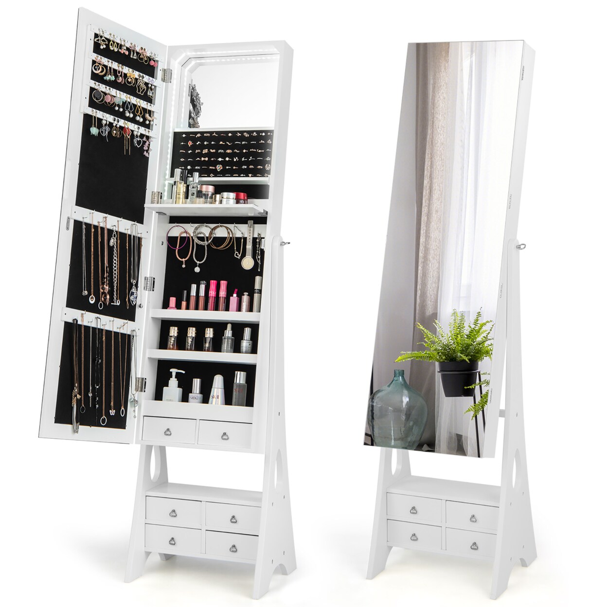 Jewelry Cabinet Armoire Full Length Led Mirror W/ 6 Drawers And Makeup Shelf White