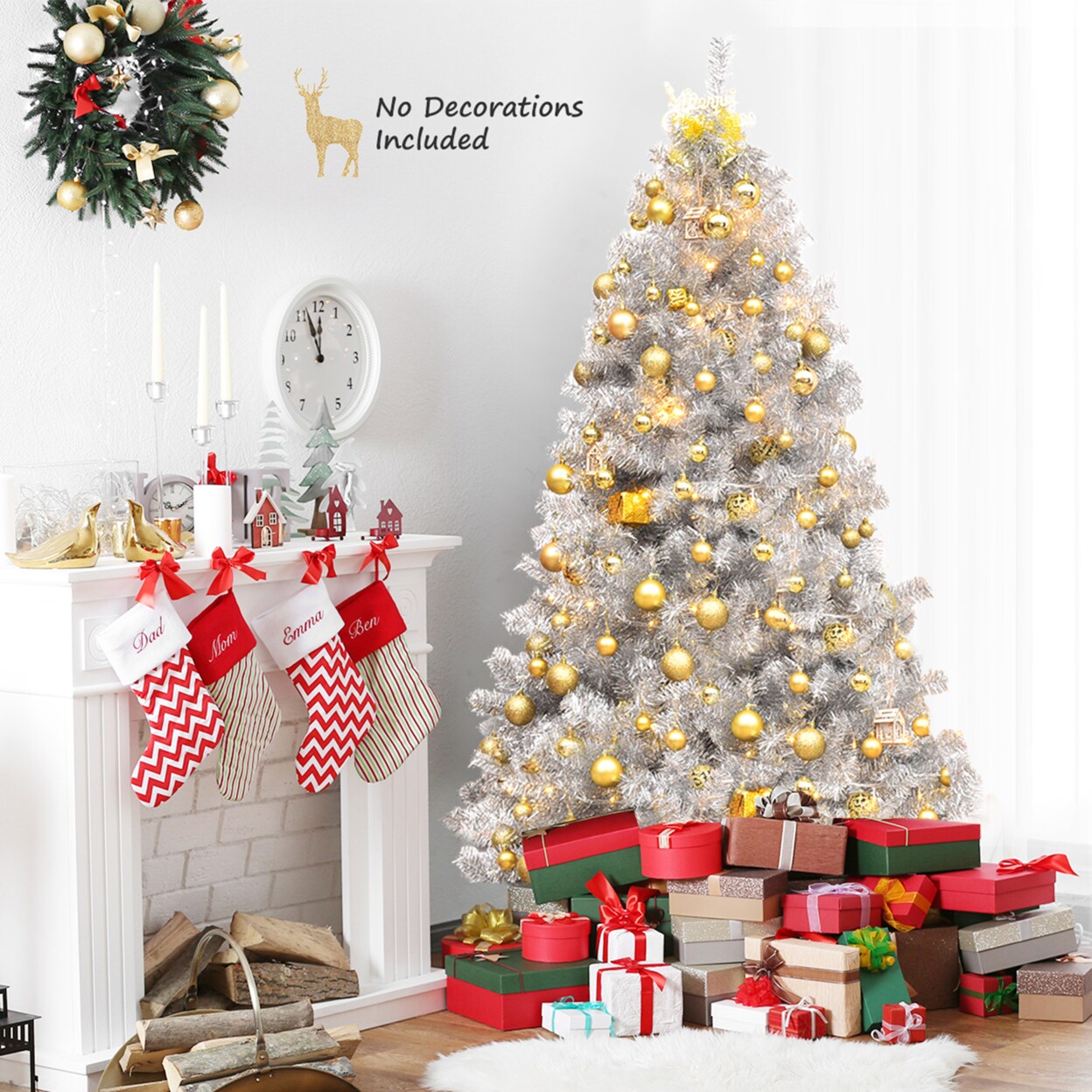 6 Ft Silver Tinsel Christmas Tree Artificial Hinged Tree Holiday Decoration