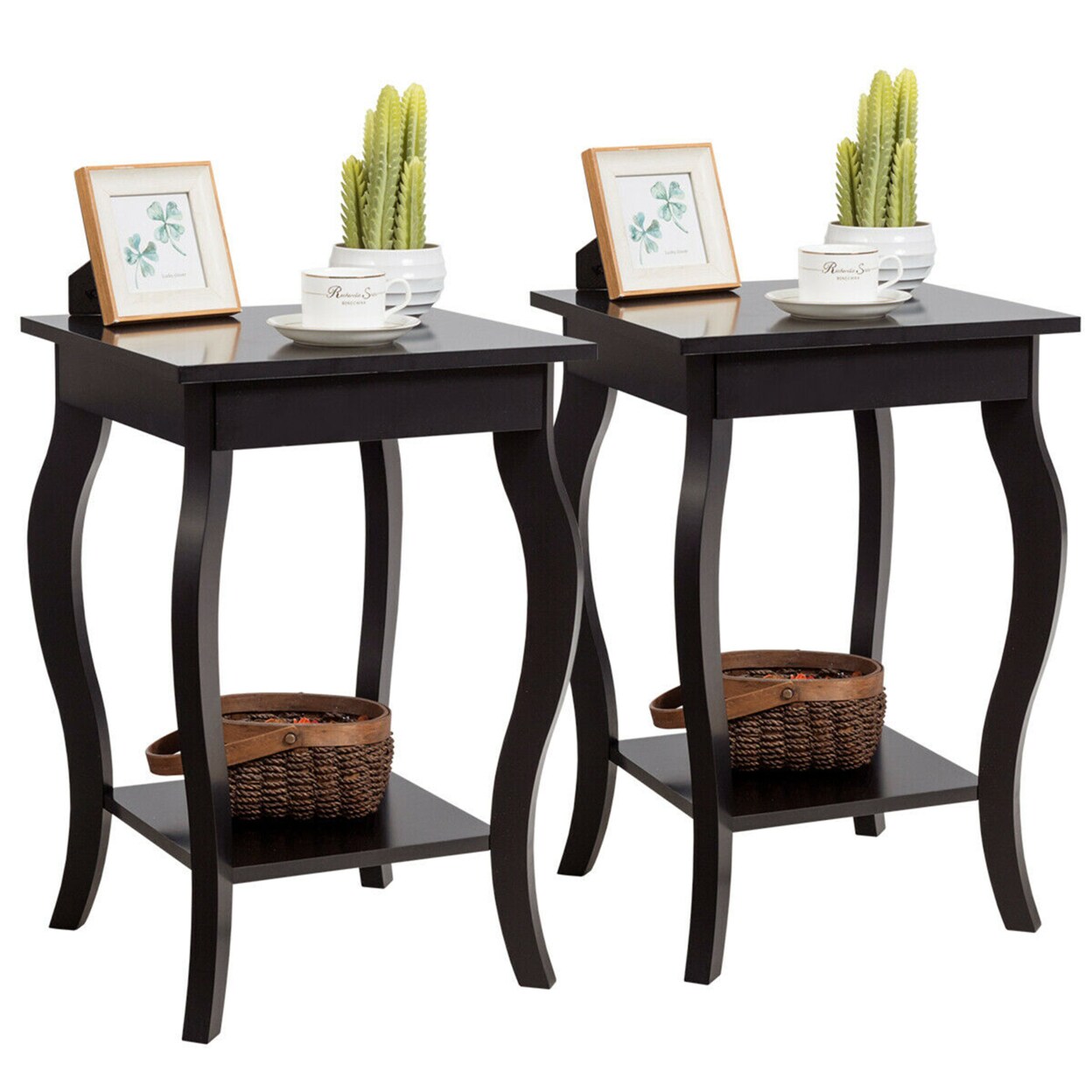 Set Of 2 Accent Side Table Sofa End Table Nightstand Coffee Table W/ Shelf Brown