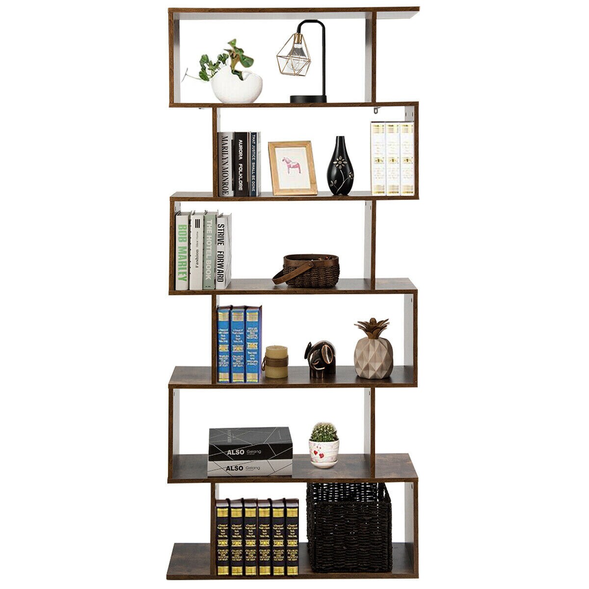6-Tier S-Shape Bookcase Z-Shelf Style Storage Display Rack Brown
