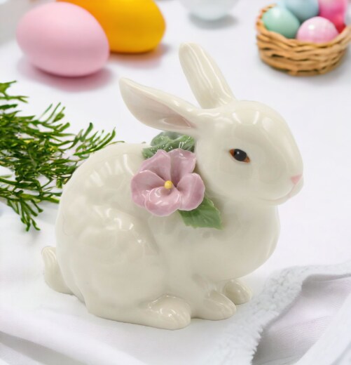 Ceramic Bunny Rabbit with Pink Pansy Flower Figurine, Home D&#xE9;cor, Gift for Her, Gift for Mom, Kitchen D&#xE9;cor, Spring D&#xE9;cor, Easter D&#xE9;cor